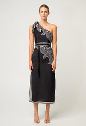 Once Was Amira One Shoulder Viscose Faille Dress in Onyx Casablanca
