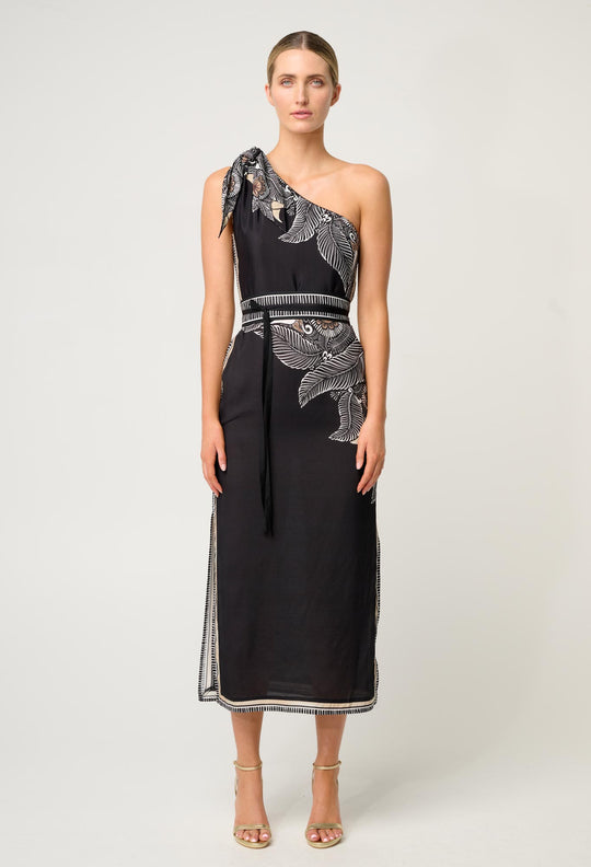 Once Was Amira One Shoulder Viscose Faille Dress in Onyx Casablanca