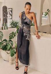 Once Was Amira One Shoulder Viscose Faille Dress in Onyx Casablanca