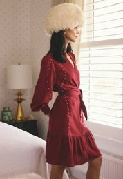 Once Was Cecilia Pearl Embellished Linen Blend Dress in Ruby