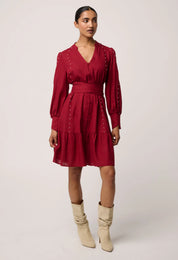 Once Was Cecilia Pearl Embellished Linen Blend Dress in Ruby