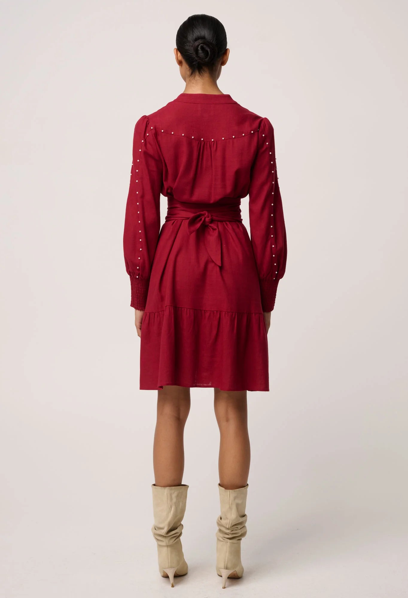 Once Was Cecilia Pearl Embellished Linen Blend Dress in Ruby