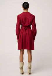 Once Was Cecilia Pearl Embellished Linen Blend Dress in Ruby