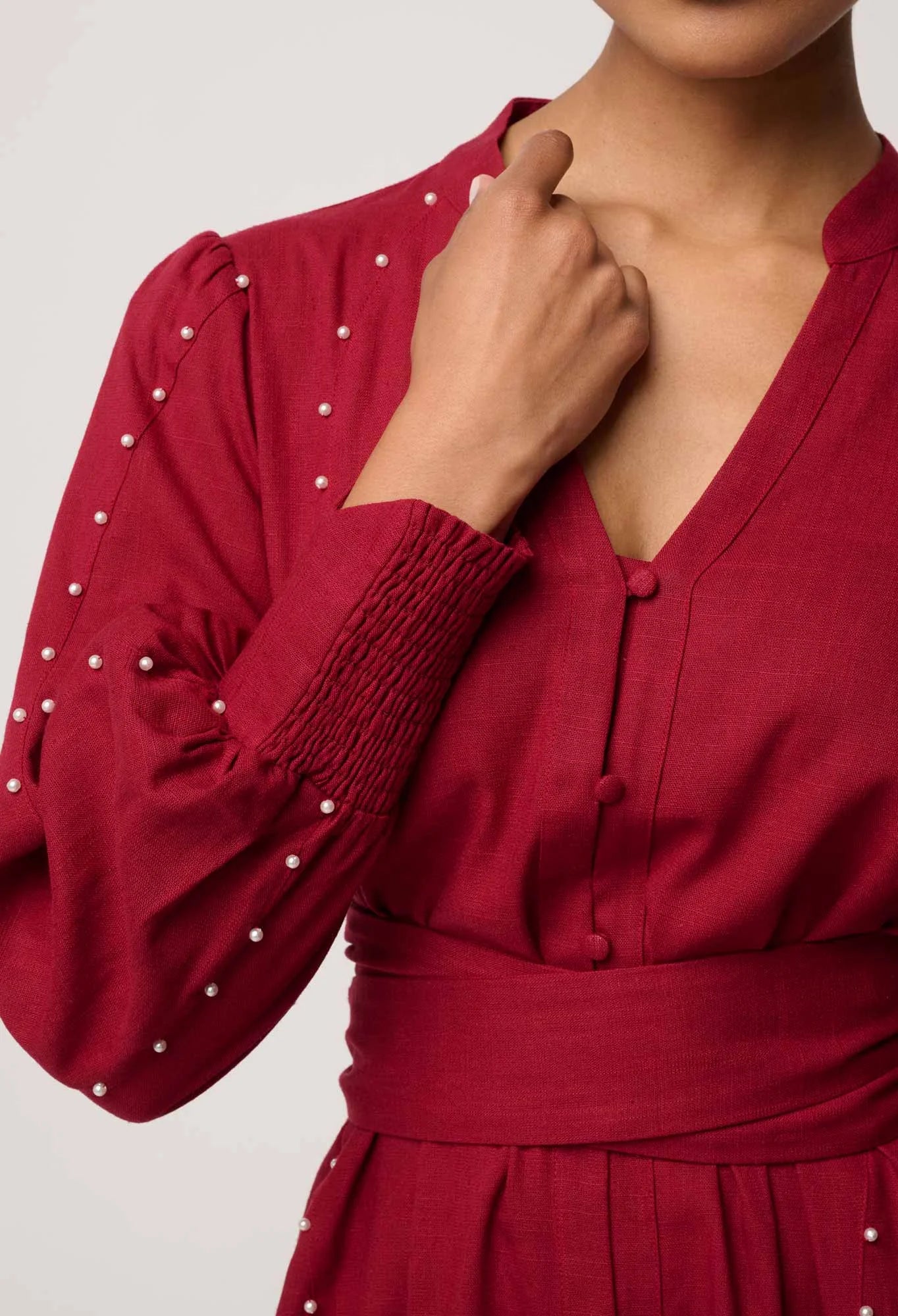 Once Was Cecilia Pearl Embellished Linen Blend Dress in Ruby