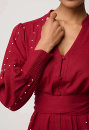 Once Was Cecilia Pearl Embellished Linen Blend Dress in Ruby
