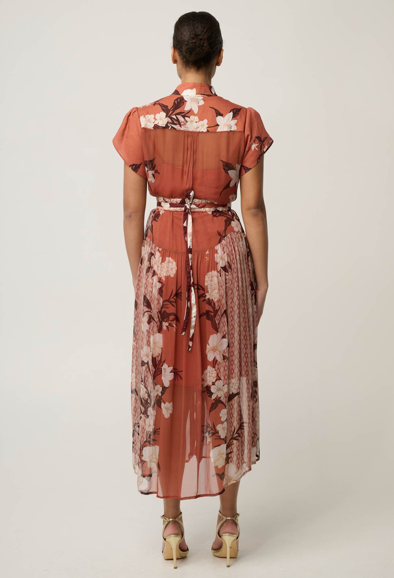 Perla Sheer Viscose Print Dress in Amber Vine