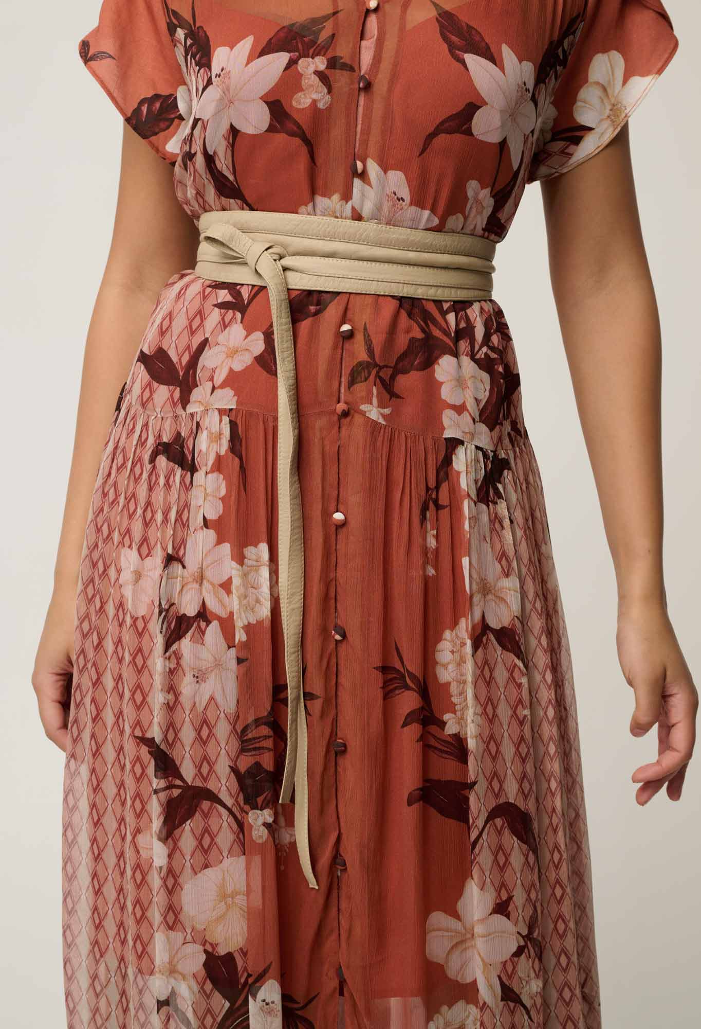 Perla Sheer Viscose Print Dress in Amber Vine