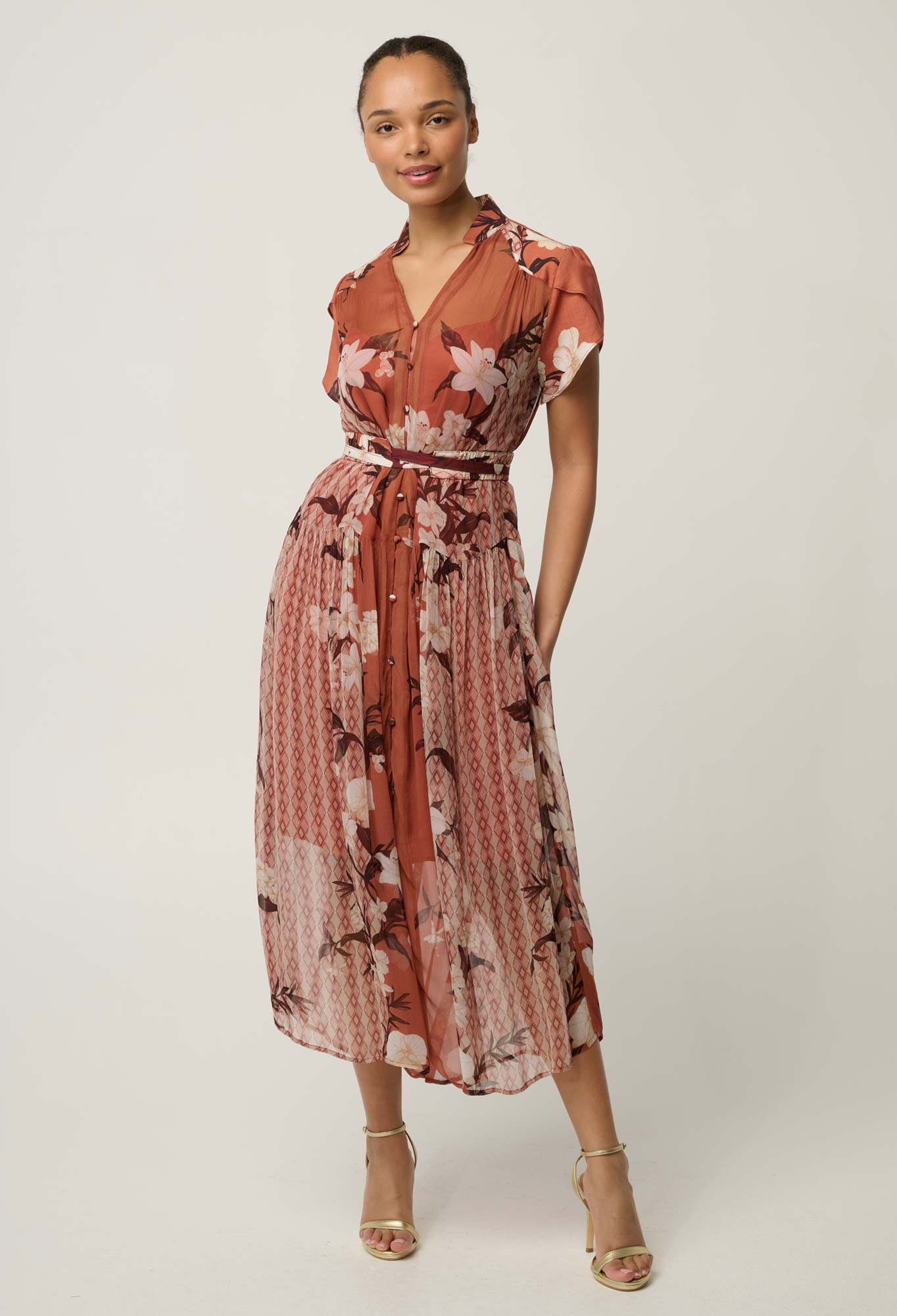 Perla Sheer Viscose Print Dress in Amber Vine