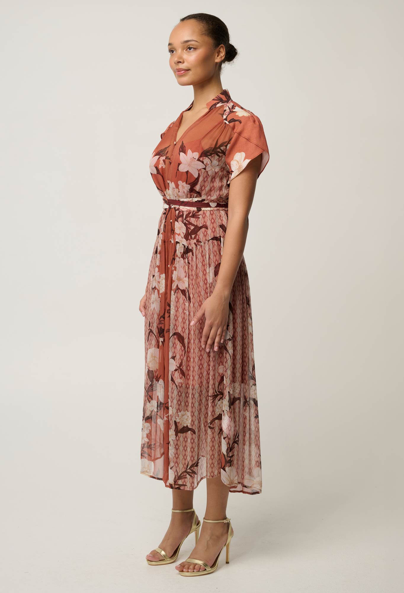 Perla Sheer Viscose Print Dress in Amber Vine