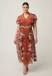 Perla Sheer Viscose Print Dress in Amber Vine