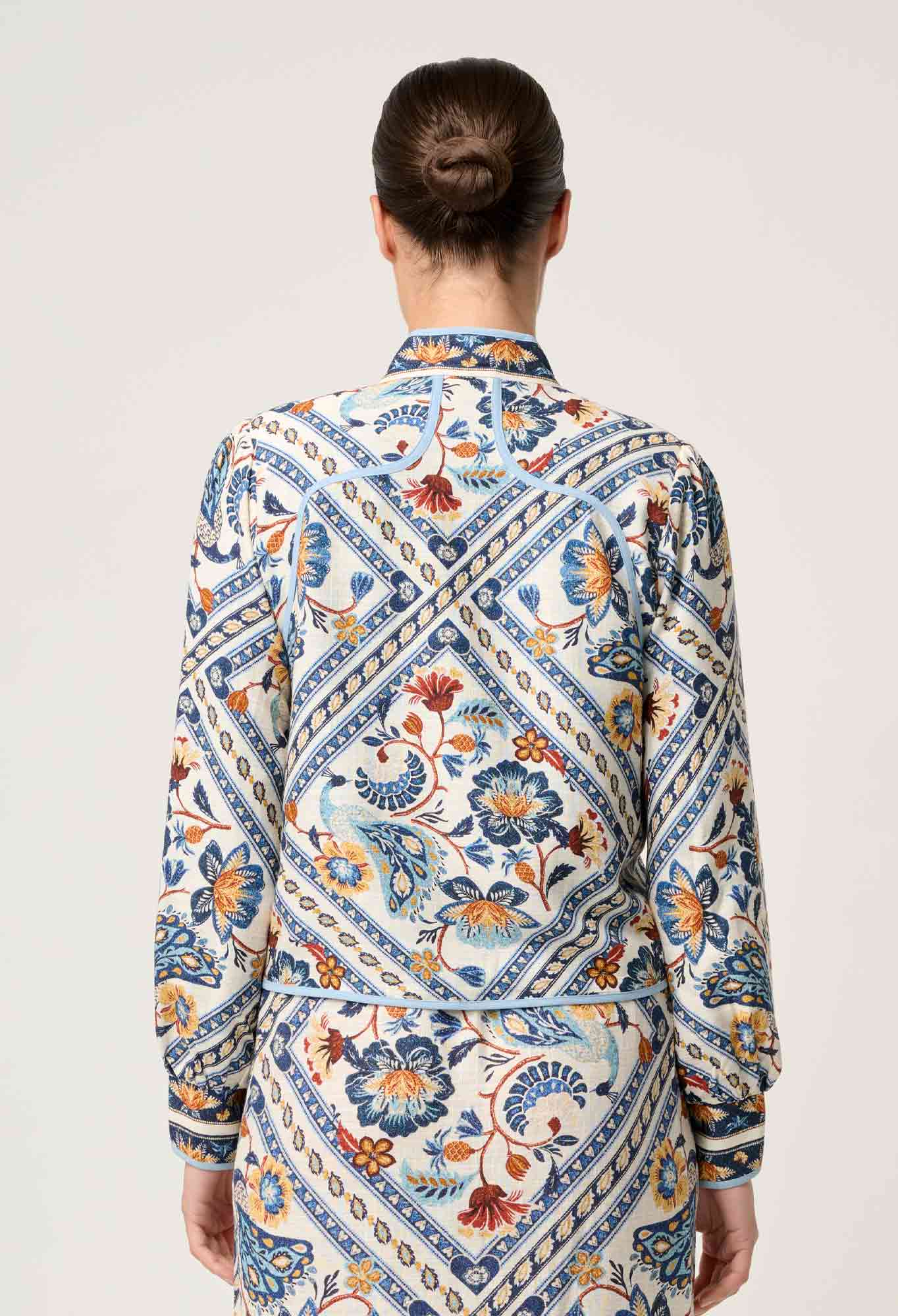 ONCE WAS Aurora Reversible Placement Print Linen Fringe Jacket