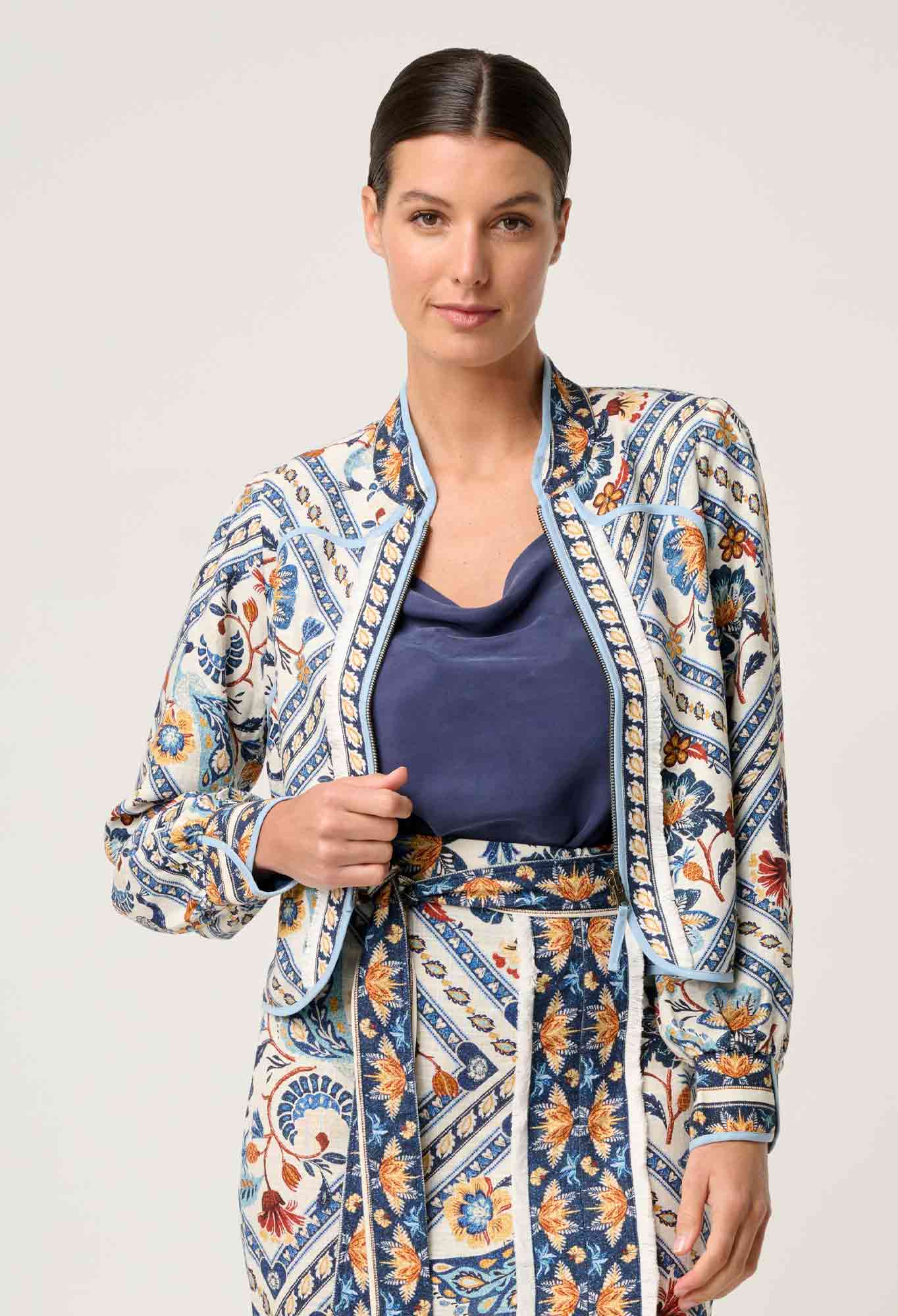 ONCE WAS Aurora Reversible Placement Print Linen Fringe Jacket