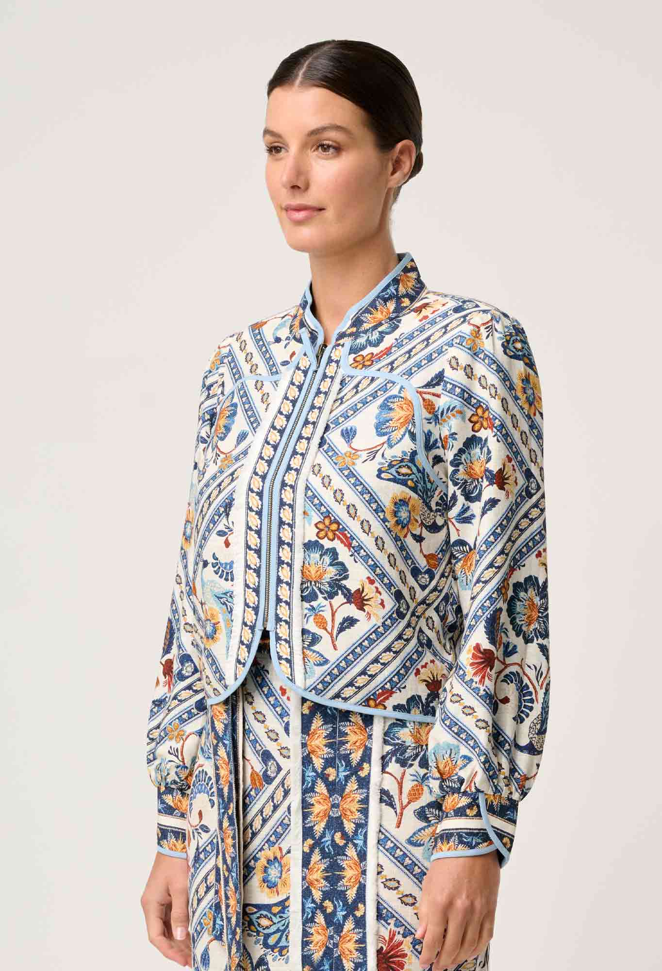 ONCE WAS Aurora Reversible Placement Print Linen Fringe Jacket