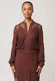 Solene Cotton Blend Lace Bomber in Rosewood