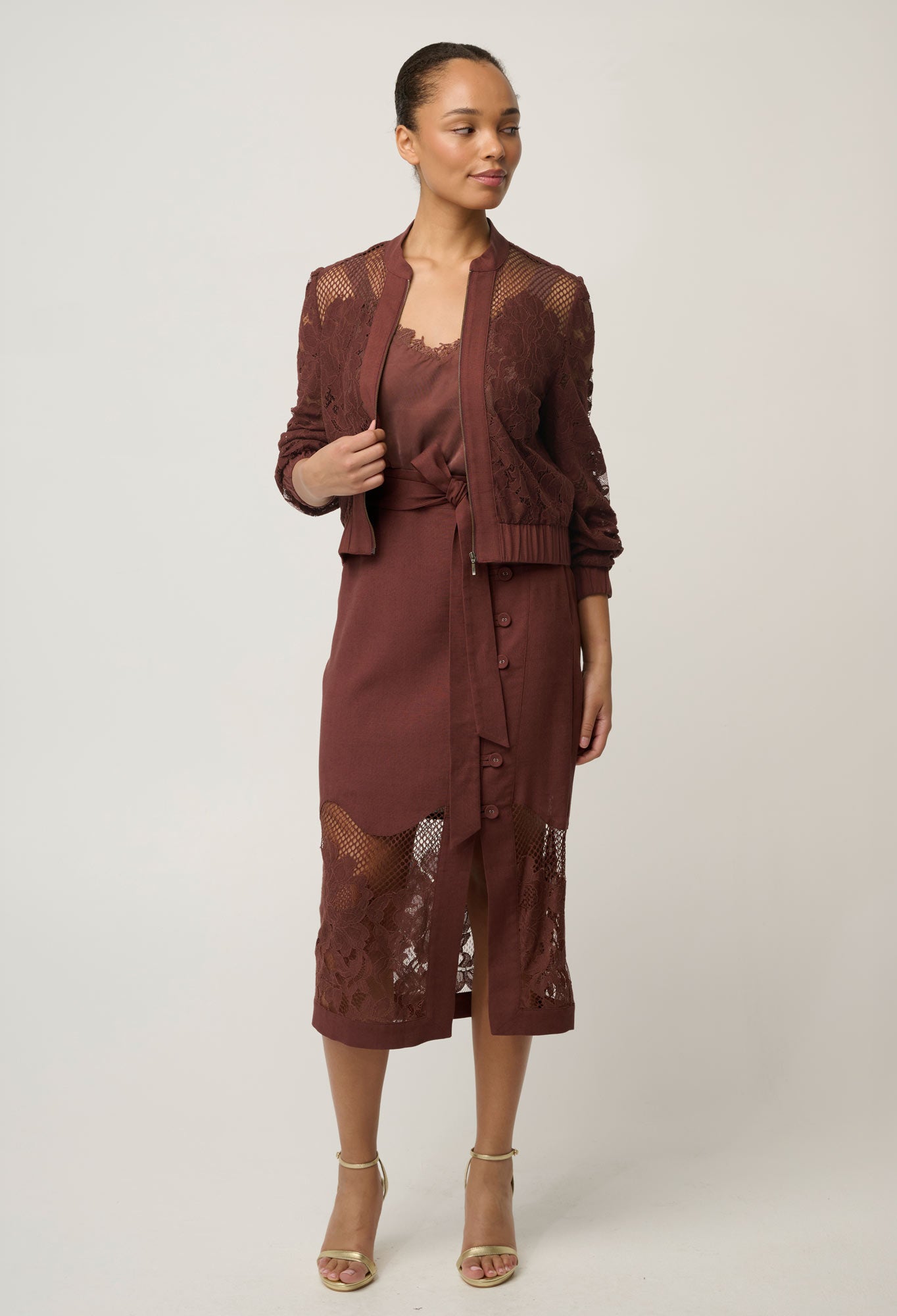 Solene Cotton Blend Lace Bomber in Rosewood