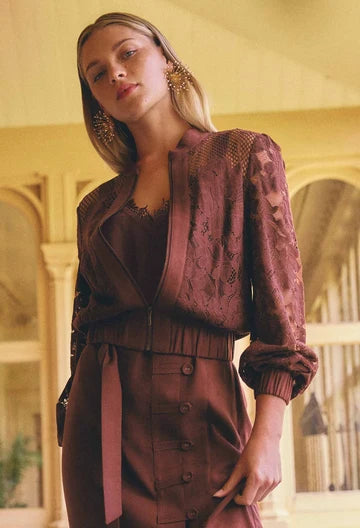 Solene Cotton Blend Lace Bomber in Rosewood