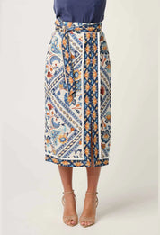 ONCE WAS Zenobia Linen Viscose Printed Fringe Midi Skirt