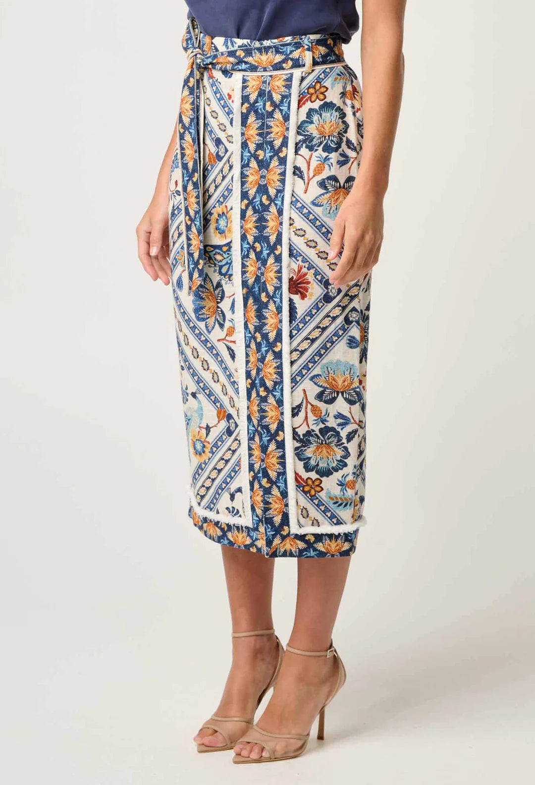 ONCE WAS Zenobia Linen Viscose Printed Fringe Midi Skirt