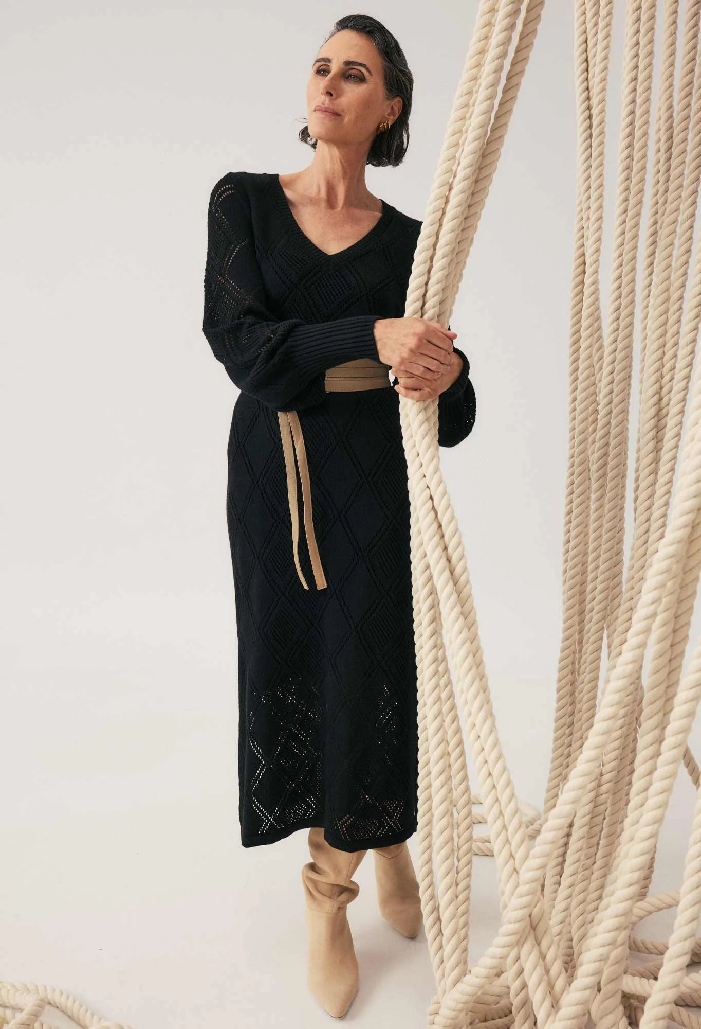 Once Was Cassi Viscose Cotton Blend V Neck Knit Dress in Black