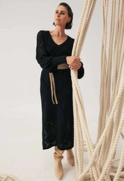 Once Was Cassi Viscose Cotton Blend V Neck Knit Dress in Black