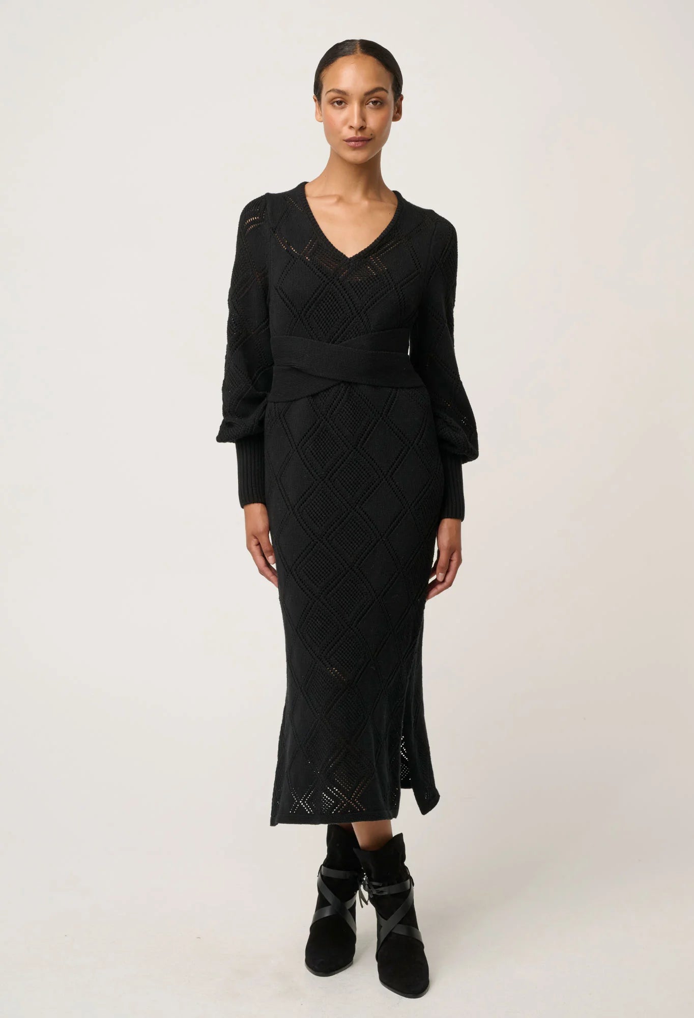 Once Was Cassi Viscose Cotton Blend V Neck Knit Dress in Black
