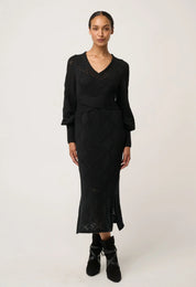 Once Was Cassi Viscose Cotton Blend V Neck Knit Dress in Black