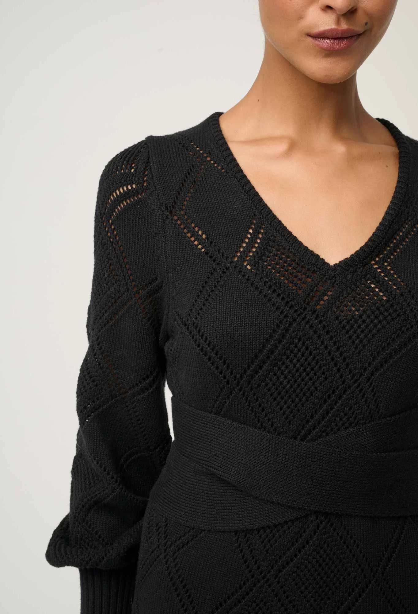 Once Was Cassi Viscose Cotton Blend V Neck Knit Dress in Black