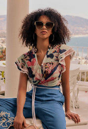 Once Was Luma Cotton Silk Flutter Sleeve Top In Oasis Flora