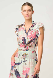 Once Was Luma Cotton Silk Flutter Sleeve Top In Oasis Flora