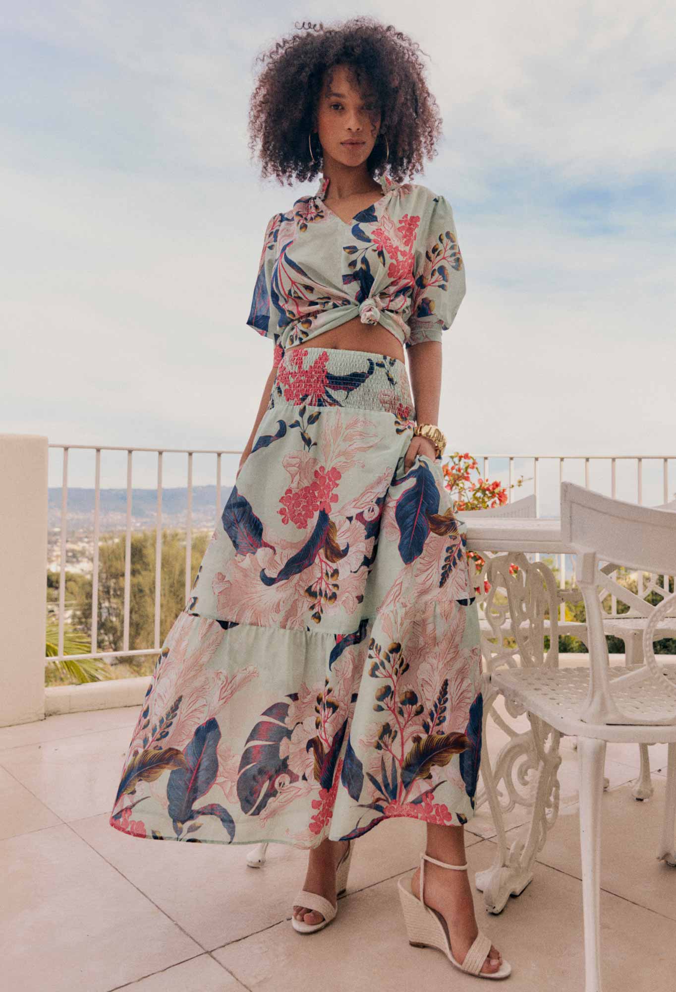 Once Was Cordelia Shirred silk cotton skirt in oasis flora