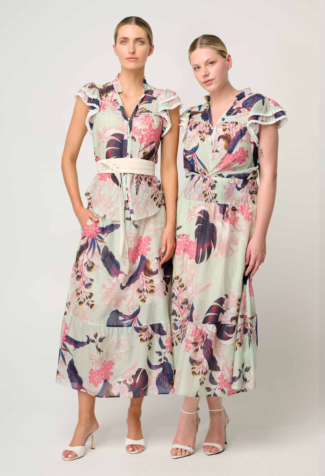 Once Was Cordelia Shirred silk cotton skirt in oasis flora