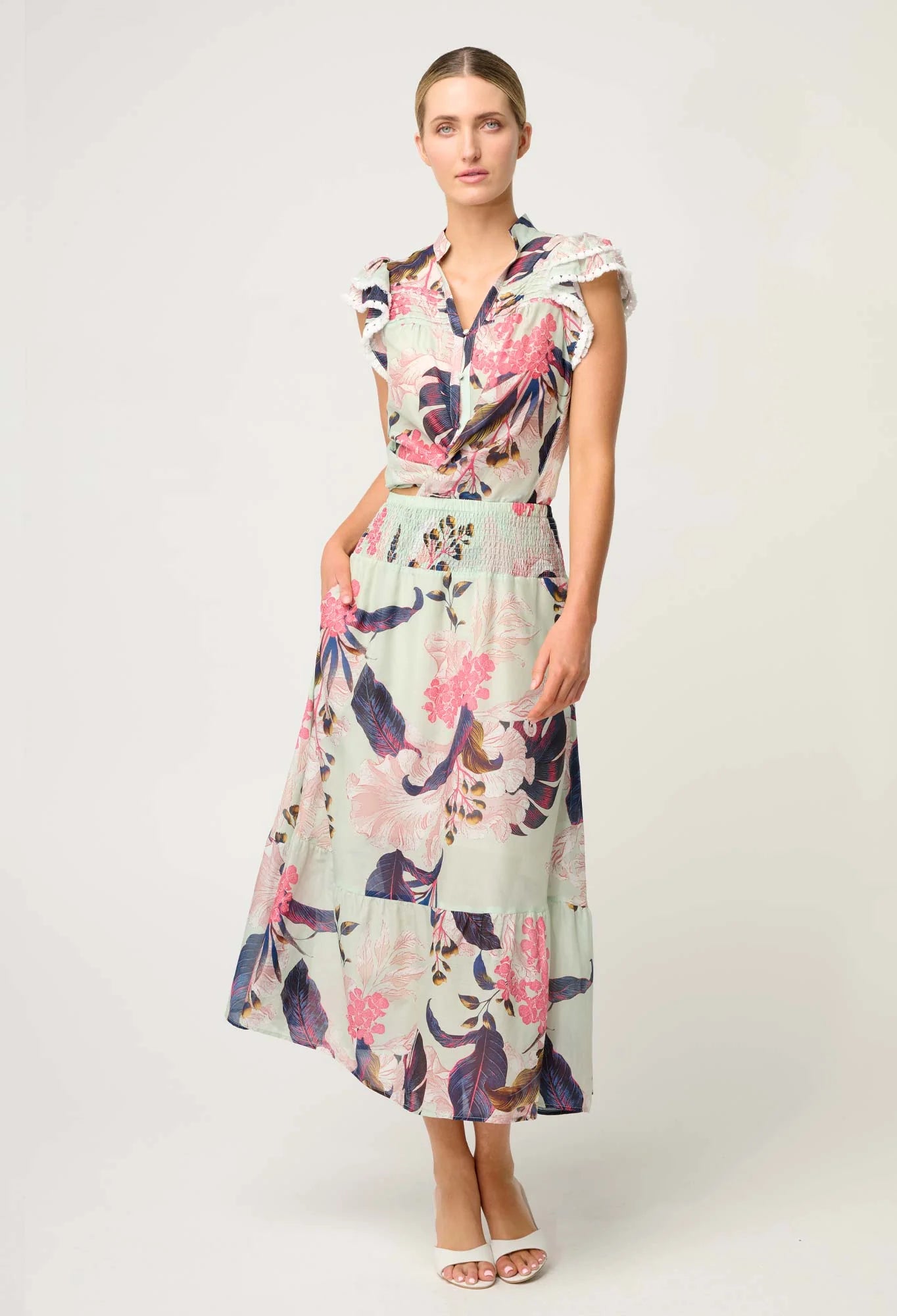Once Was Cordelia Shirred silk cotton skirt in oasis flora