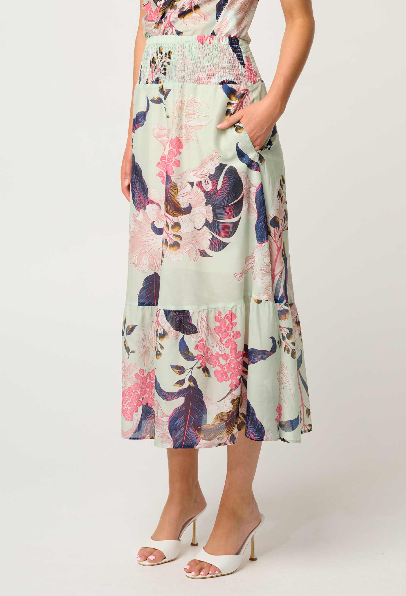 Once Was Cordelia Shirred silk cotton skirt in oasis flora