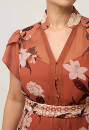 Perla Sheer Viscose Print Dress in Amber Vine