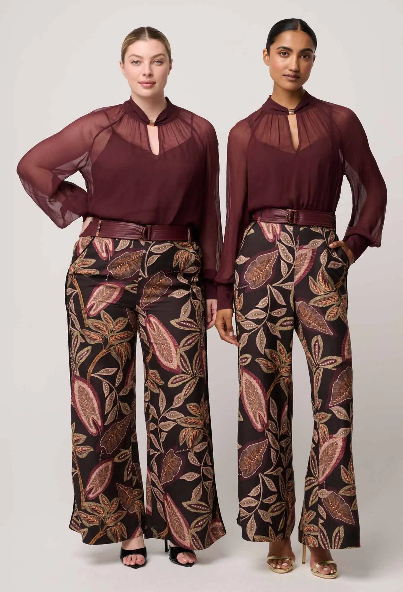 Once Was Simona Sheer Viscose Gold Detail Blouse in Bordeaux