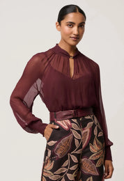 Once Was Simona Sheer Viscose Gold Detail Blouse in Bordeaux