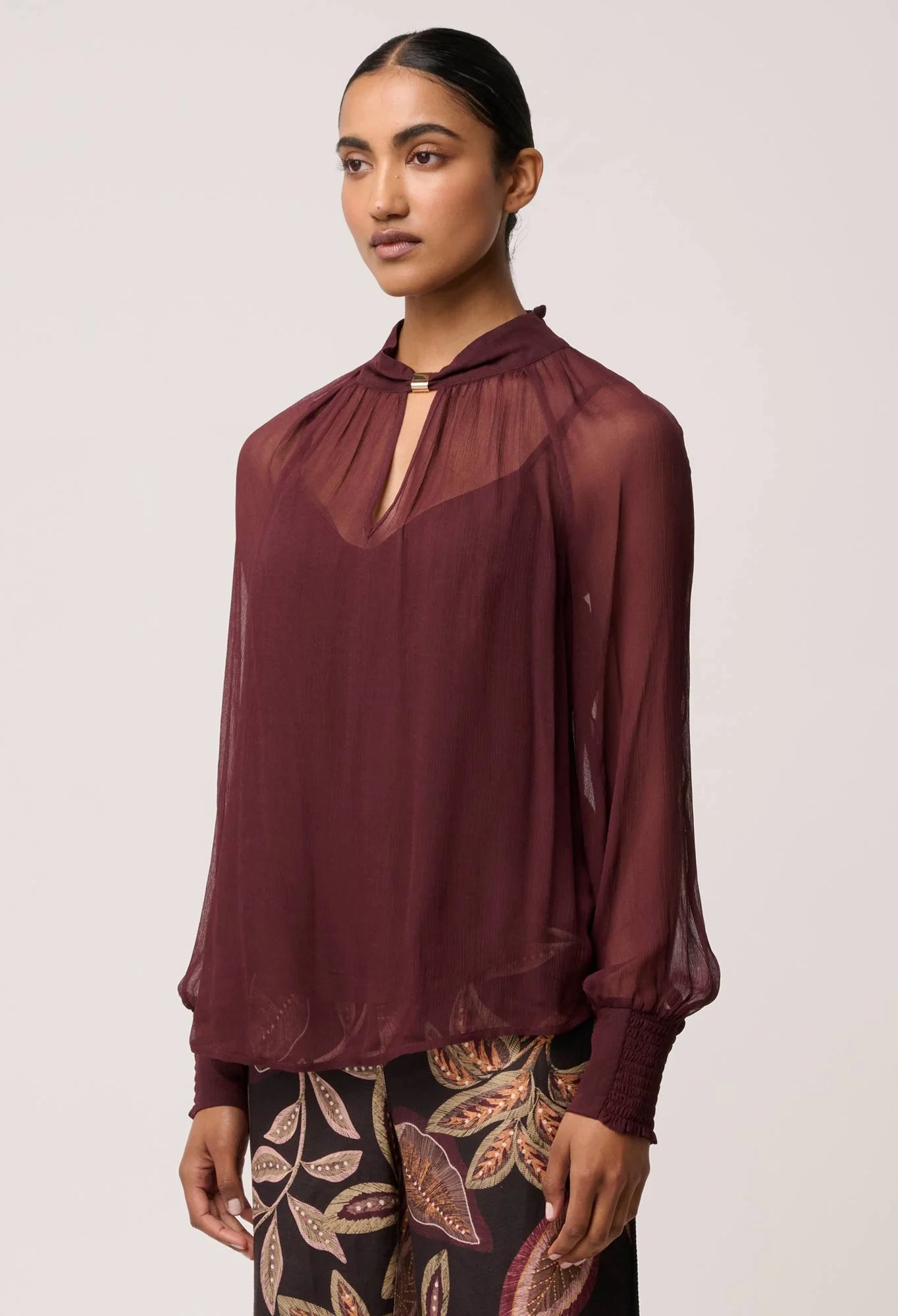 Once Was Simona Sheer Viscose Gold Detail Blouse in Bordeaux