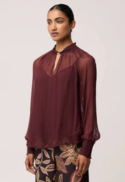 Once Was Simona Sheer Viscose Gold Detail Blouse in Bordeaux