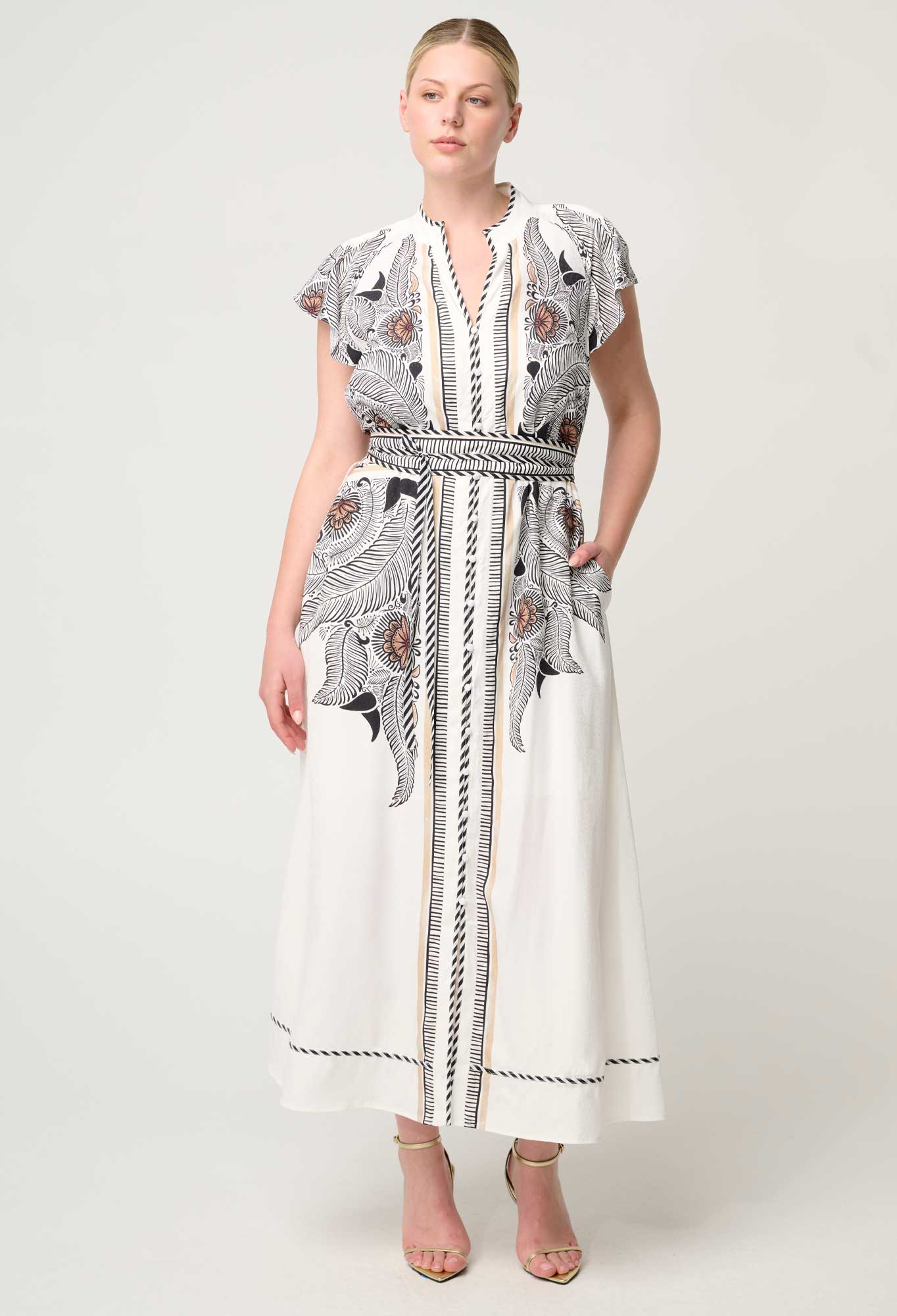 Once Was Malika Viscose Dobby Flutter Sleeve Dress in Ivory Casablanca