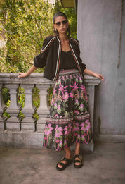 Once Was Cordelia Placement print shirted waist silk cotton skirt