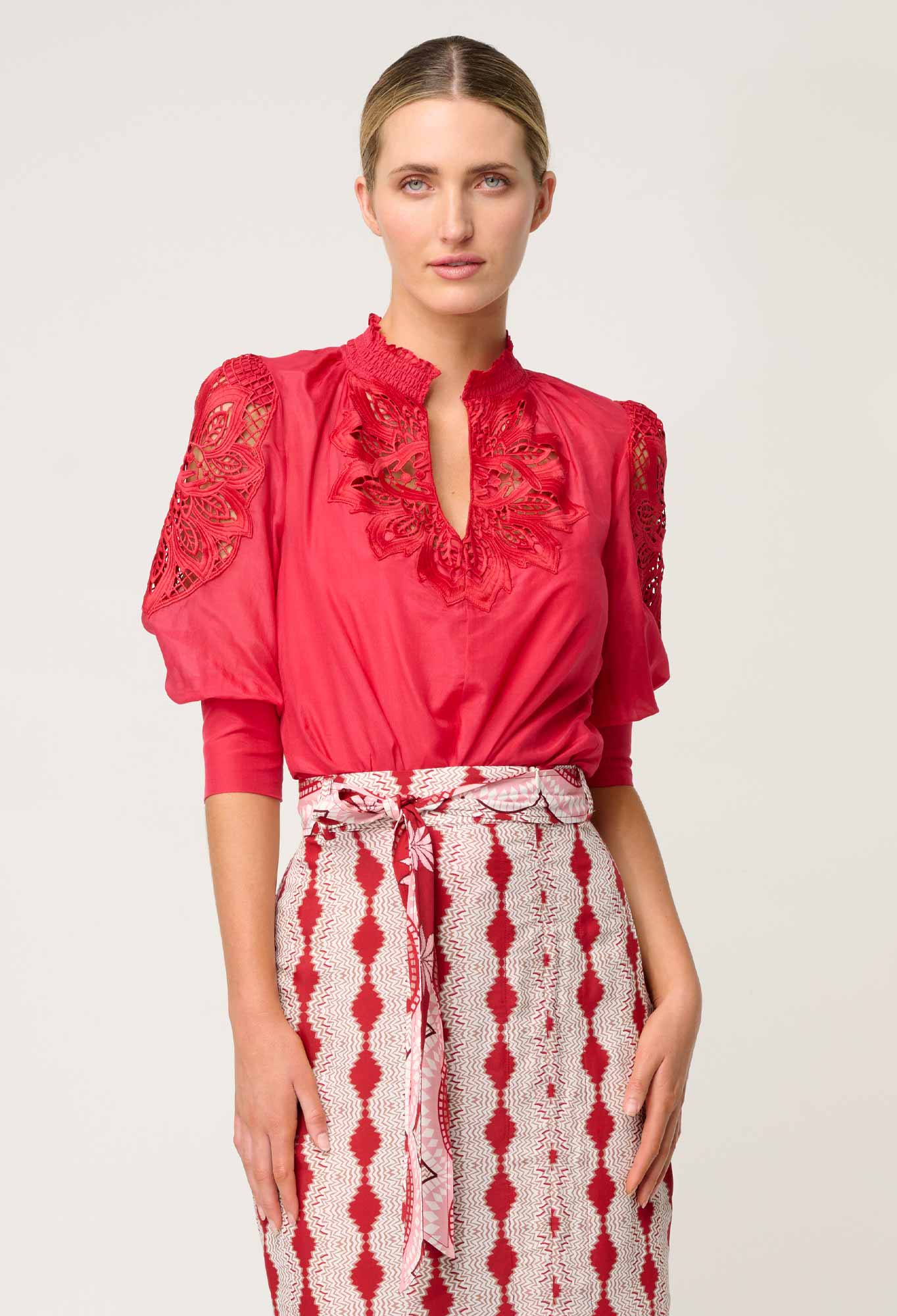 Once Was Oleander Cotton Silk Blouse in Ruby