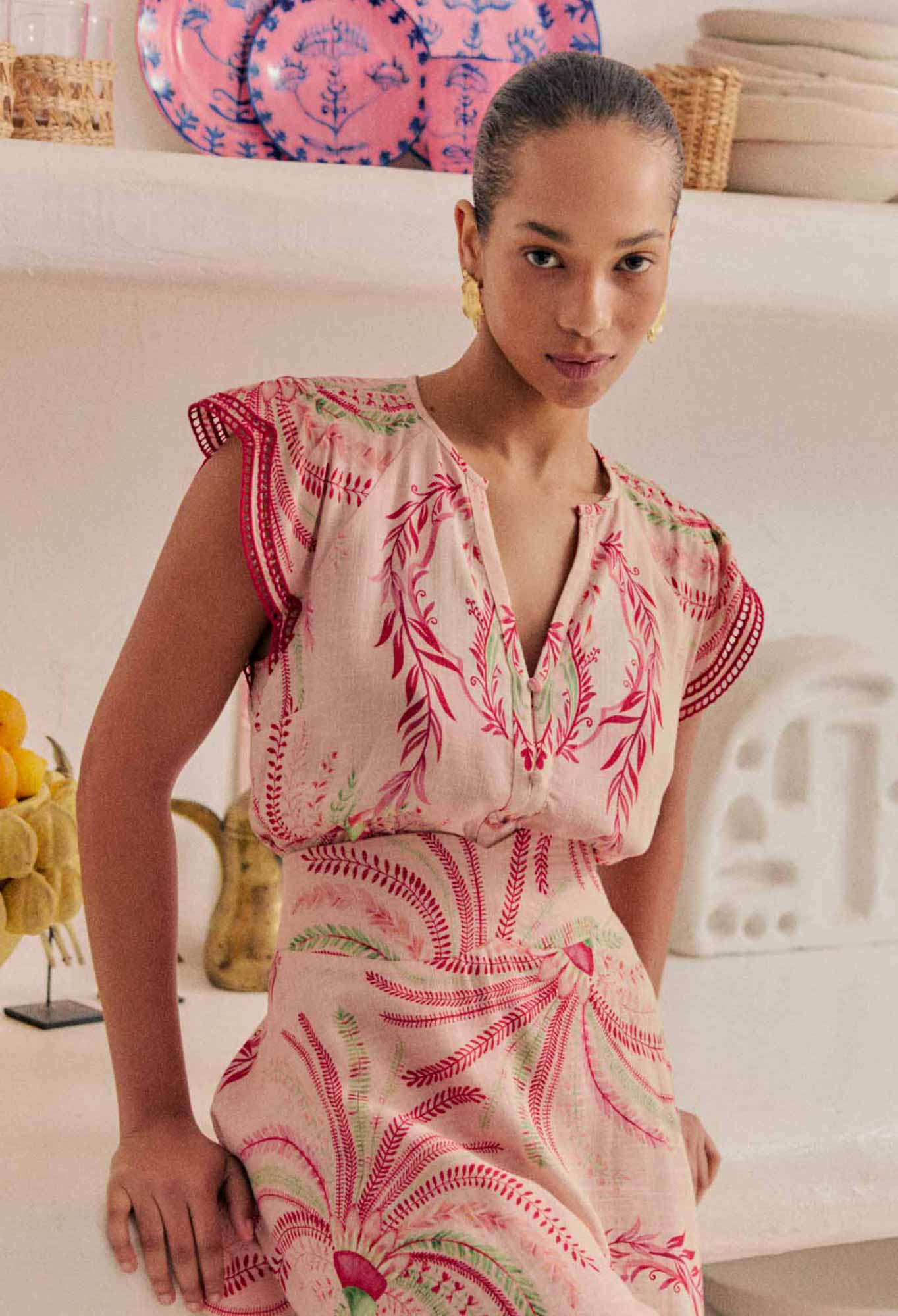 Once Was Aseel Linen Viscose Embroidered Top in Palmarosa