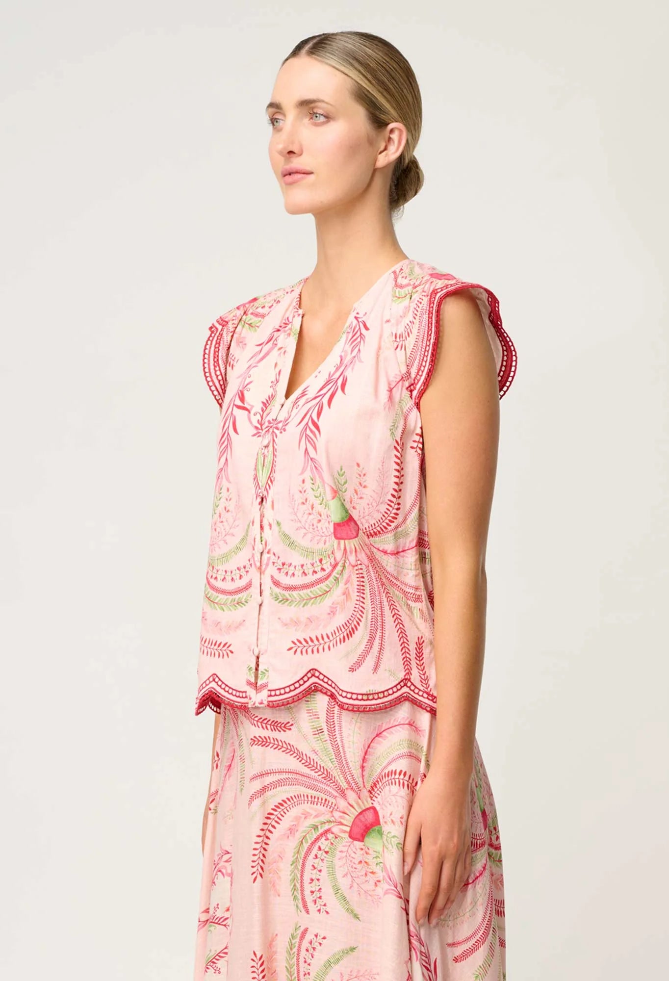 Once Was Aseel Linen Viscose Embroidered Top in Palmarosa