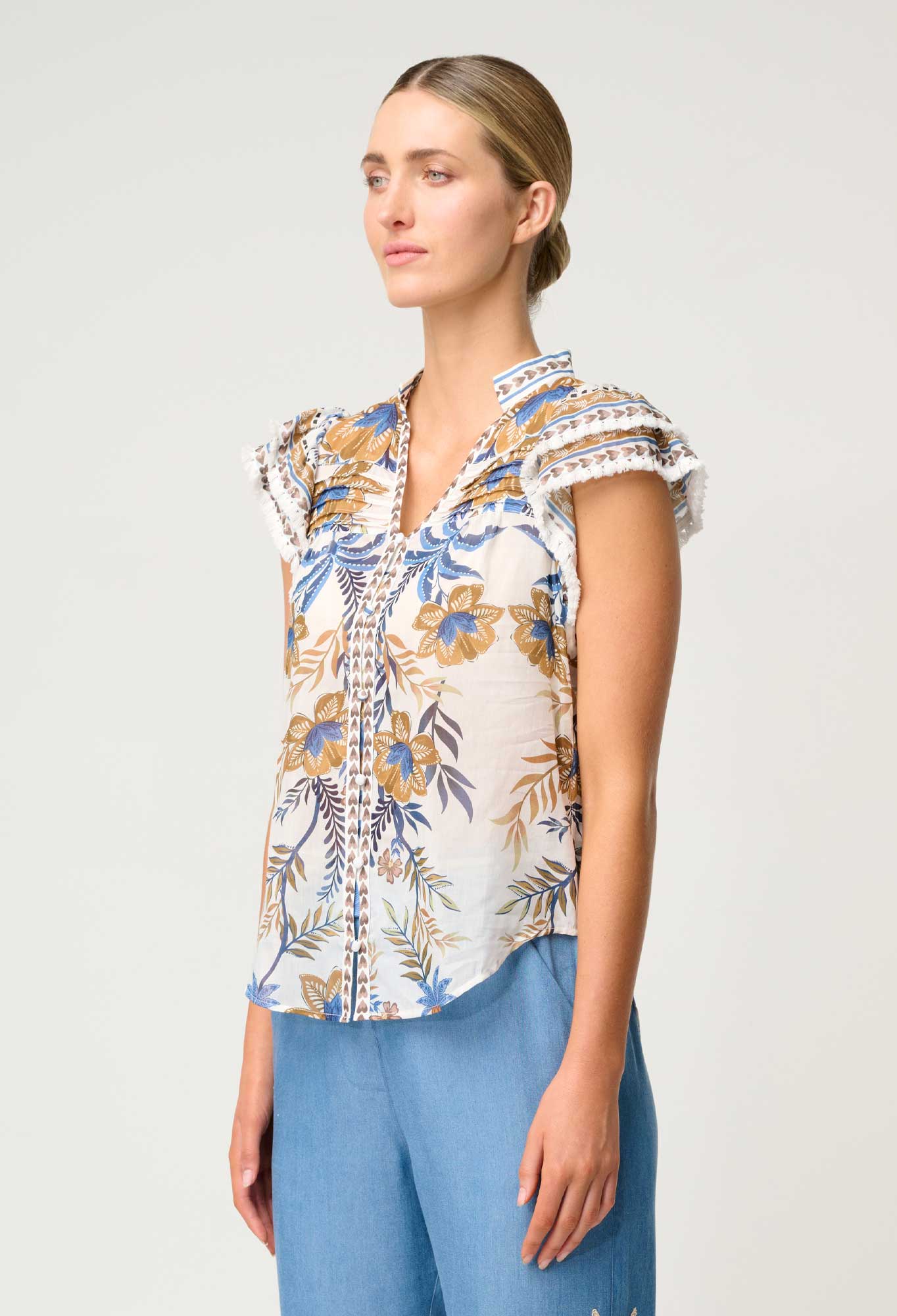 ONCE WAS Luma Cotton Silk Flutter Sleeve Top in Golden Medina