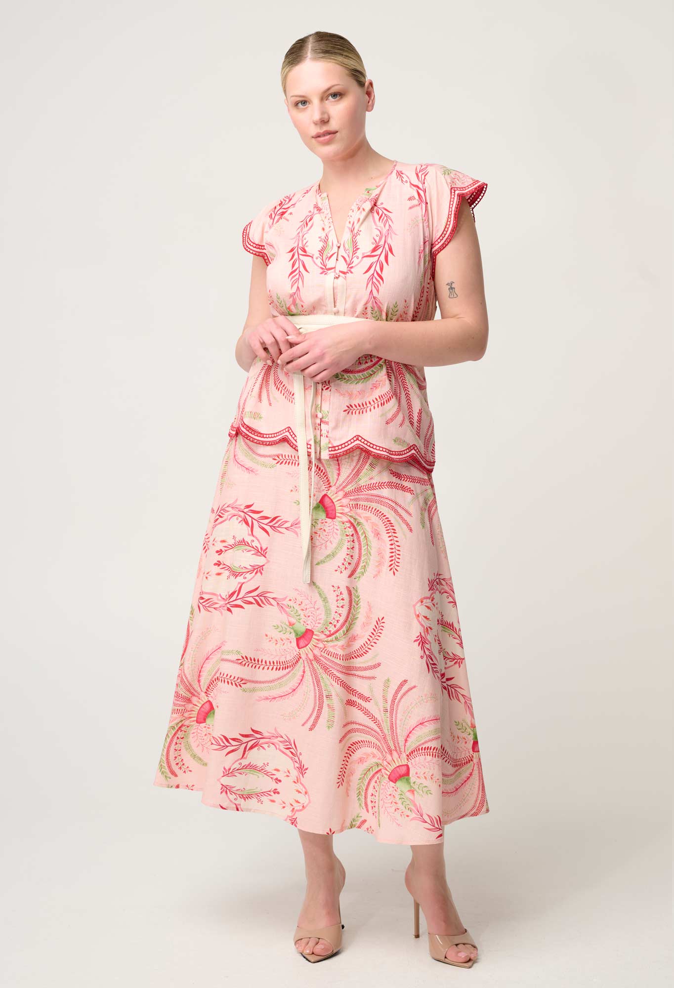 Once Was Estrella Linen Viscose Yoke Skirt in Palmarosa