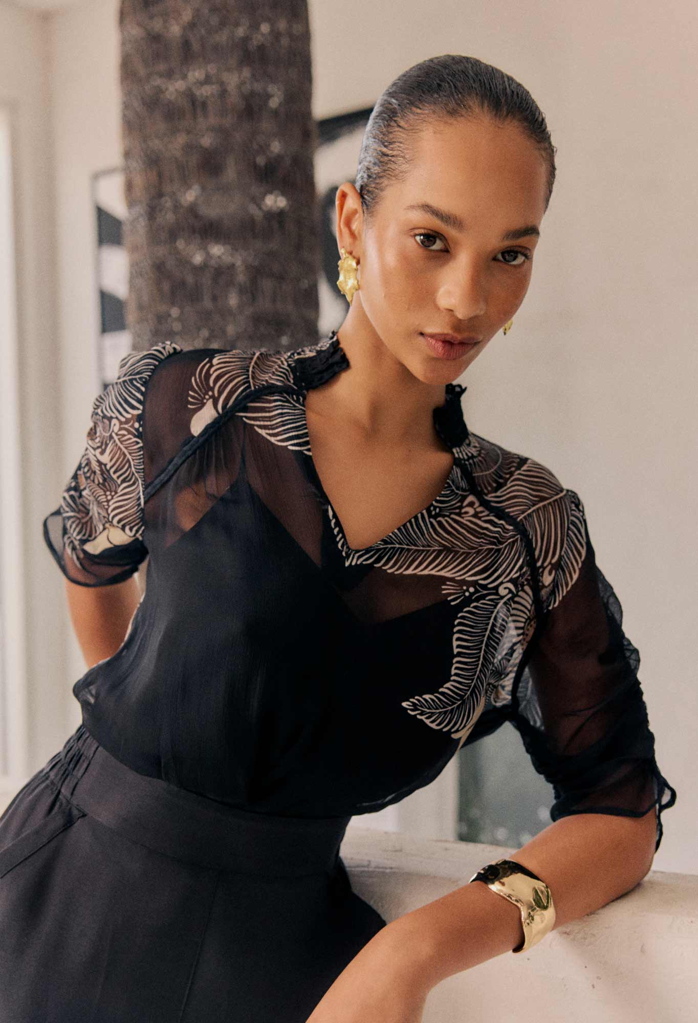 Once Was Samira Viscose Chiffon Sleeve Blouse in Onyx Casablanca