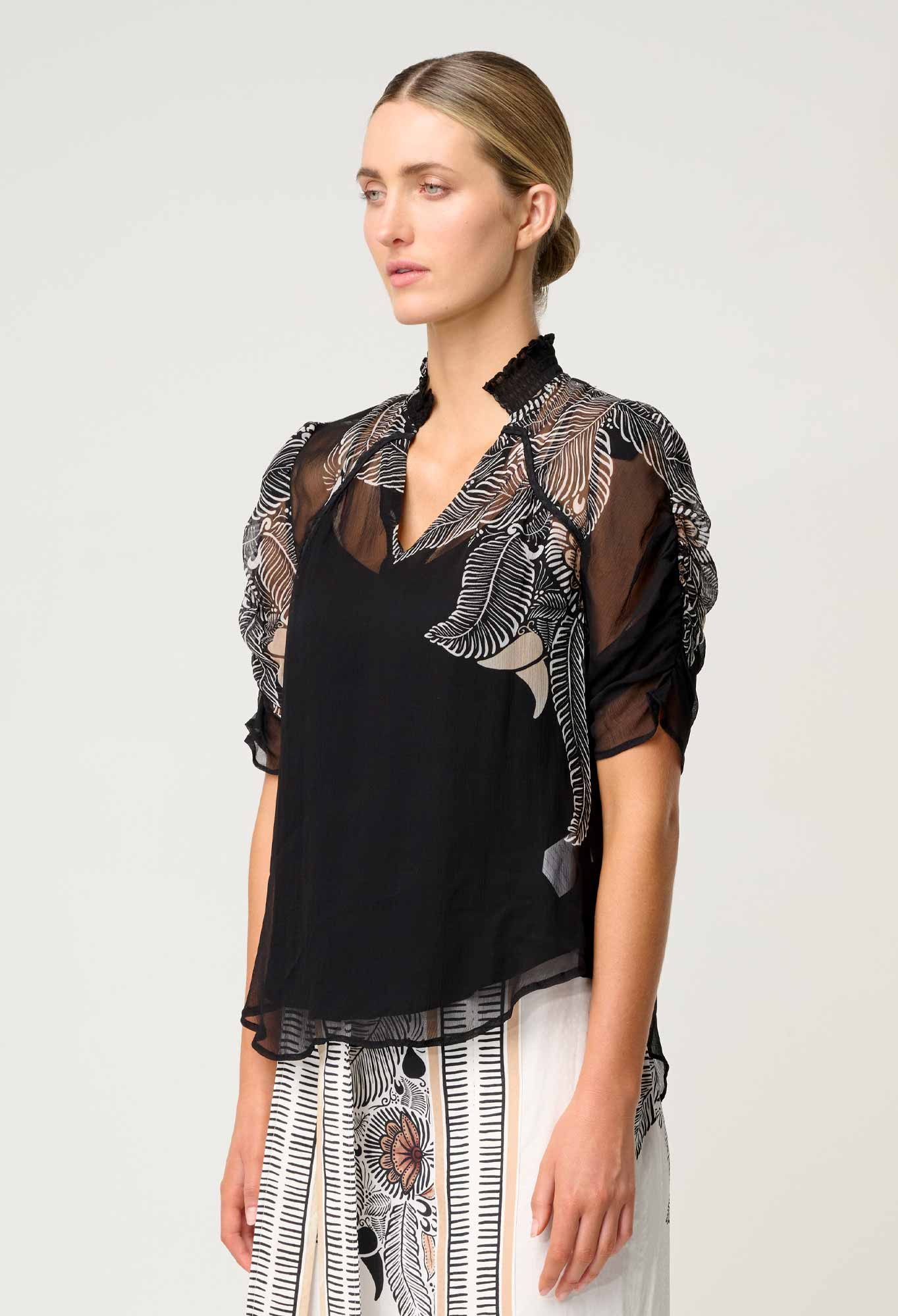 Once Was Samira Viscose Chiffon Sleeve Blouse in Onyx Casablanca
