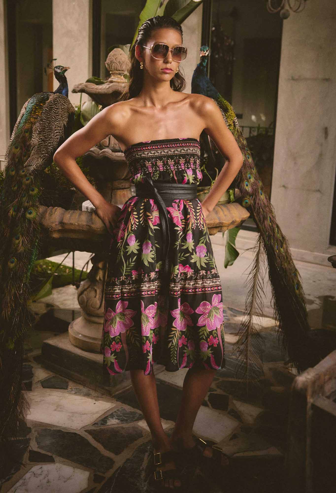 Once Was Cordelia Placement print shirted waist silk cotton skirt