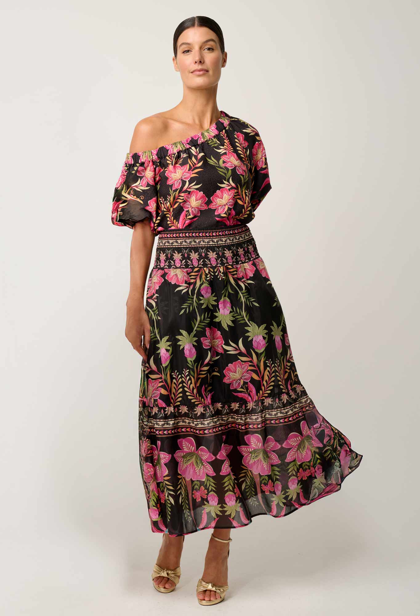 Once Was Cordelia Placement print shirted waist silk cotton skirt