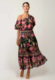Once Was Cordelia Placement print shirted waist silk cotton skirt